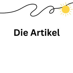 Op de afbeelding: Een illustratie met de tekst "Die Artikel". Een cartoonzon en een gestileerde golf staan bovenaan. Een schattig konijn zit in een veld met groen gras en witte bloemen. Lentethema.