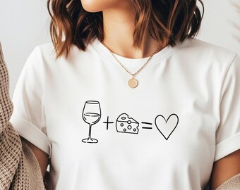 Wine Cheese Love Shirt, Minimalist Aesthetic Tee, Wine Lover Gift, Cheese Lover Shirt, Simple Line Art T-Shirt, Cute Food Graphic Tee