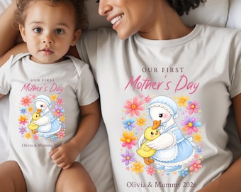 Personalized Mama Goose and Baby Goose Shirt, Matching Mom and Child Outfit, Custom Baby Name, Soft Pastel Baby Bodysuit or Toddler Tee