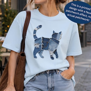 Patchwork Katze T-Shirt, Denim Katze Shirt, blaue Jeans Katze Grafik T-Shirt, süßes Katzenliebhaber Geschenk, ästhetisches Vintage Katzen Shirt, Tierkunst T-Shirt