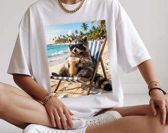 Relaxed Raccoon Beach T-Shirt, Funny Meme Tee, Summer Vibes Shirt, Raccoon Lover Gift, Beach Graphic Tee, Feral Girl Summer, Feral Shirt