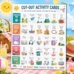 May include: A rectangular sheet titled CUT-OUT ACTIVITY CARDS featuring a grid of illustrated tasks categorized by color into Adventure Time, Make & Create, Calm & Cozy, Family Time, and Helpful Hands, with a pair of scissors icon at the top.