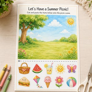 Pode incluir: Uma folha de atividades imprimível intitulada Let's Have a Summer Picnic! com uma paisagem em aquarela e ilustrações recortáveis de uma cesta de piquenique, melancia, limonada, sol, borboleta, sanduíche, pipa, sorvete, flor e uma bola.