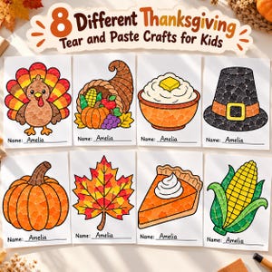 Könnte beinhalten: Acht Thanksgiving-Bastelbögen zum Reißen und Kleben für Kinder mit Truthahn, Füllhorn, Kartoffelbrei, Pilgerhut, Kürbis, Ahornblatt, Kürbiskuchenstück und Maiskolben. Jedes weiße Blatt enthält den aufgedruckten Text Name: Amelia.