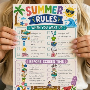 May include: A Summer Rules checklist poster featuring colorful illustrations of a palm tree, a smiling sun with sunglasses, and a wave. The text includes sections for When You Wake Up and Before Screen Time with checkboxes for daily tasks.