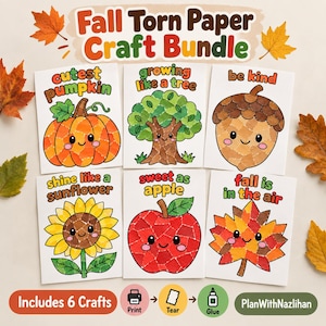 May include: A Fall Torn Paper Craft Bundle featuring six white cards with colorful torn paper collages of a pumpkin, tree, acorn, sunflower, apple, and leaf. Each card includes text like Cutest Pumpkin and Be Kind, with icons for print, tear, and glue.