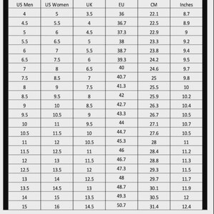 May include: A shoe size conversion chart with columns for US Men, US Women, UK, EU, centimeters, and inches. The chart provides size equivalents, such as US Men's size 10 is EU size 44, 27.1 cm, and 10.7 inches.