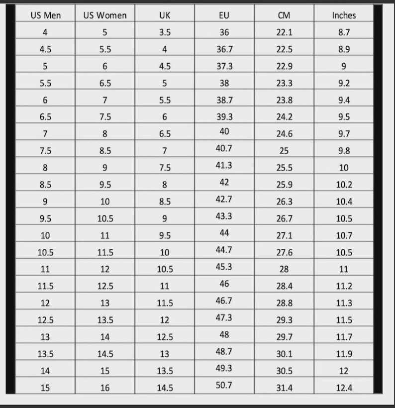 May include: A shoe size conversion chart with columns for US Men, US Women, UK, EU, centimeters, and inches. The chart provides size equivalents, such as US Men's size 10 is EU size 44, 27.1 cm, and 10.7 inches.