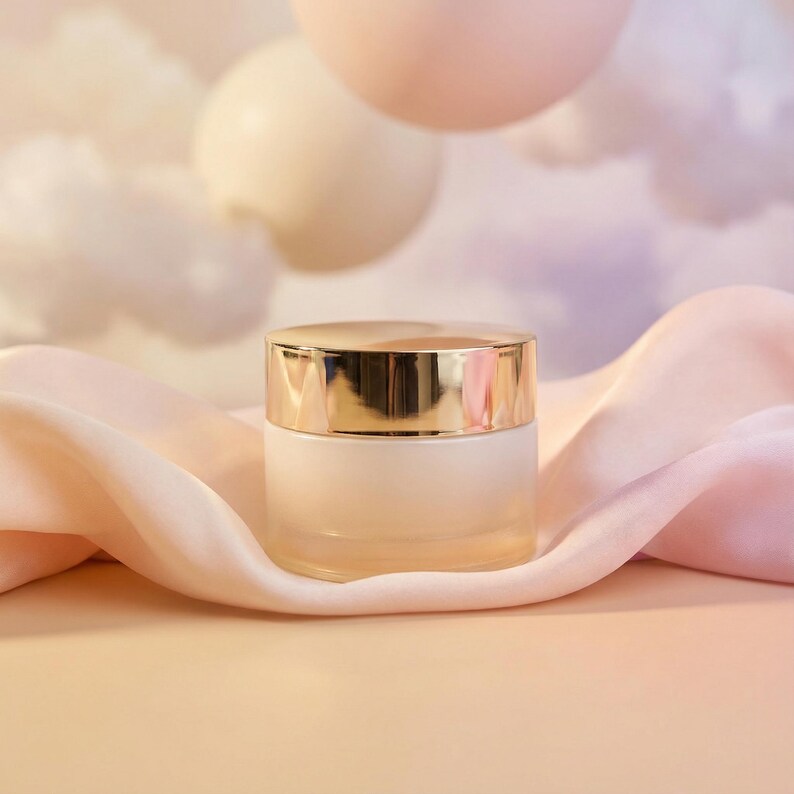 May include: A small, frosted glass jar with a gold-colored lid sits on a draped, light pink fabric. The background features soft, pastel-colored orbs and a cloudy sky, creating a serene and elegant aesthetic. The jar appears to contain a cosmetic product.