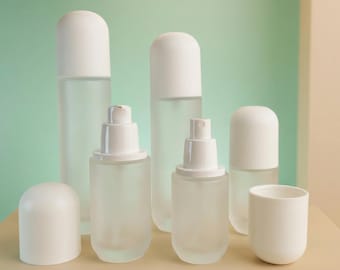 30ml - 120ml  Lotion Pump or Toner Spray Container, Frosted Glass Capsule Bottle with White Dome Cap, Minimalist Pill Shape
