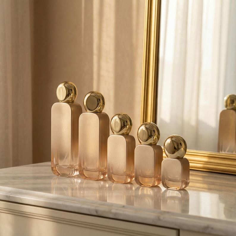 May include: A collection of five glass perfume bottles with rounded gold-colored stoppers. The bottles are arranged in a row on a marble surface, reflecting the light. A gold-framed mirror is in the background, adding to the elegant aesthetic.