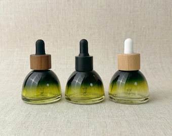 30ml Glass Dropper Bottle Wood Bamboo Cap, Green Gradient Serum Bottle for Facial Oil, Refillable Skincare Packaging Empty Dome Vial