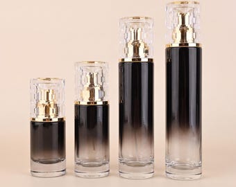 30ml - 120ml Black Gradient Spray & Lotion Bottle with Crystal Clear Cap, Refillable Perfume Atomizer, Empty Cosmetic Mist Sprayer