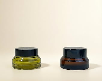 15g 30g 50g Clear Glass Cream Jar with a Black Glossy Plastic Lid, Amber Green Empty Sample Jar for Makeup Wholesale