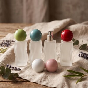 May include: Four frosted glass perfume bottles with wavy, organic shapes. Three bottles feature spherical caps in lime green, teal, and red. One bottle has a silver spray nozzle. Two additional spherical caps in white and pink sit in the foreground.
