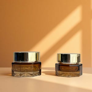 Peut inclure: Deux petits pots hexagonaux en verre ambré avec des couvercles dorés. Les pots sont posés sur une surface brun clair, sur un fond orange chaud. Les pots sont vides et semblent être pour des produits cosmétiques.