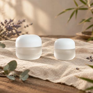 May include: Two round cosmetic jars with frosted glass bases and smooth white lids. The jars are of different sizes, with the larger one positioned to the left and the smaller one to the right, both featuring a simple, clean, and rounded design.