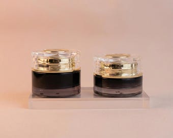 30g 50g Glossy Black Glass Cream Jar with Gold Lid, Refillable Cosmetic Pot, Empty Face Balm Container, Luxury Skincare Packaging