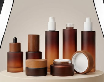 30g 50g 50ml - 120ml Amber Glass Lotion Spray Toner Bottle & Cream Jar, Wood Cap Cosmetics, Empty Skincare Container for Weeding Gift