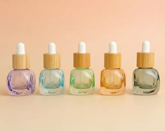 Kleurrijke glazen druppelflesje van 6 ml met bamboedop, mini-navulbare serumflacon, schattige container voor etherische olie, verpakking met reismonsters