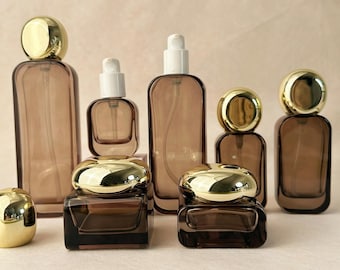 30g 50g 20ml - 120ml Amber Glass Lotion Pump Bottle & Cream Jar, Gold Cap Cosmetics, Empty Skincare Packaging Container for Face Oil