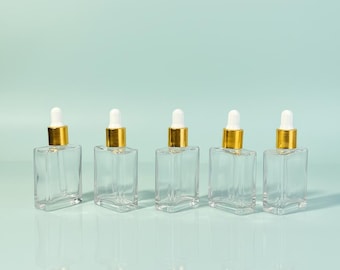 15ml Clear Square Glass Dropper Bottle, Gold Cap and White Rubber Dropper, Empty Reusable Container for Essential Oil