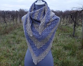 Handmade Shawl - striped scallop crochet pattern in grey and lavender