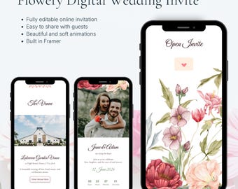 Invitación de boda digital / Diseño floral rosa y verde / Plantilla editable para enmarcar / Invitación con confirmación de asistencia en línea