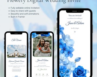 Invitación de boda digital editable / Diseño floral azul / Plantilla para enmarcar / Invitación con confirmación de asistencia en línea