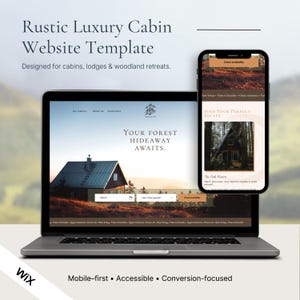 Op de afbeelding: Een laptop en smartphone met een website template voor hutten en bosretraites. Het laptopscherm toont een hutafbeelding met de tekst "Your Forest Hideaway Awaits". De telefoon toont een hut in het bos. De tekst "Mobile-first Accessible Conversion-focused" staat onderaan.