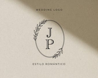 Minimalist Wedding Logo Monogram, Romantic Botanical Initials Logo, Wedding Crest, Olive Branch Wreath Design, Digital Wedding Branding JP.