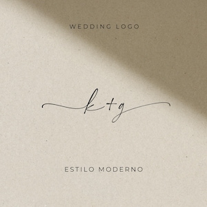 Puede incluir: Un diseño de logotipo de boda con las letras entrelazadas "k" y "g" en elegante escritura negra. Las palabras "WEDDING LOGO" y "ESTILO MODERNO" también están presentes sobre un fondo neutro.