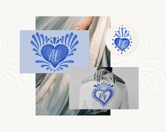 Custom Wedding Monogram - Mexican Talavera Style - Hand-Painted Watercolor Couples Logo - Traditional Cobalt Blue Initial Crest