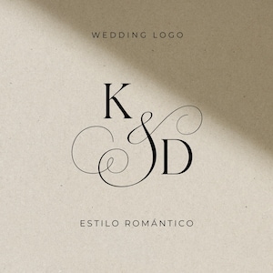 Puede incluir: Un diseño de logotipo de boda con las letras "K" y "D" en una escritura elegante. El diseño es en negro sobre un fondo beige, con las palabras "WEDDING LOGO" y "ESTILO ROMÁNTICO" en texto negro.