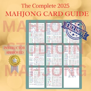May include: The Complete 2025 Mahjong Card Guide, with Instructor Approved seal and Exclusive stamp. The guide features multiple pages of colorful charts and diagrams, ideal for learning the game. The background is a soft yellow with bokeh.