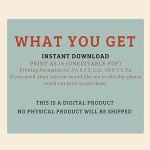 Op de afbeelding: Een digitale productaankondiging op een lichtblauwe achtergrond met de tekst "WHAT YOU GET" in het rood. De tekst hieronder luidt "DIRECT DOWNLOADEN" en "AFDRUKKEN ZOALS HET IS (NIET-BEWERKBARE PDF)". Er worden ook afdrukformaten vermeld.