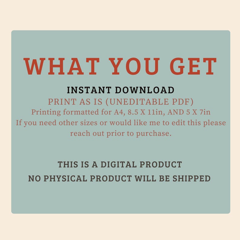 Op de afbeelding: Een digitale productaankondiging op een lichtblauwe achtergrond met de tekst "WHAT YOU GET" in het rood. De tekst hieronder luidt "DIRECT DOWNLOADEN" en "AFDRUKKEN ZOALS HET IS (NIET-BEWERKBARE PDF)". Er worden ook afdrukformaten vermeld.