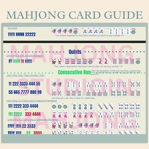 Op de afbeelding: Een Mahjong-kaartgids met tekst en illustraties. De gids toont verschillende handcombinaties, waaronder "Quints" en "Consecutive Runs". De tekst bevat instructies over hoe het spel te spelen, met voorbeelden van verschillende kleurencombinaties.