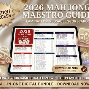 May include: A 2026 Mah Jong Maestro Guide digital scorecard featuring a red and white hand tracker layout with columns for consecutive runs, winds, pairs, and numbers. The display includes PDF and download icons, plus text reading 2026 Mah Jong Maestro Guide, Instant Access, and Download Now.