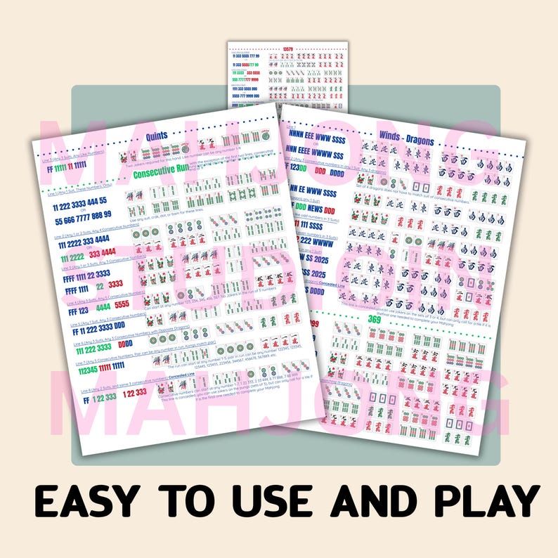 Op de afbeelding: Gedrukte spelvellen met symbolen en getalcombinaties, met de teksten "Quints" en "Winds-Dragons". De vellen zijn roze en wit, met de woorden "EASY TO USE AND PLAY" onderaan.