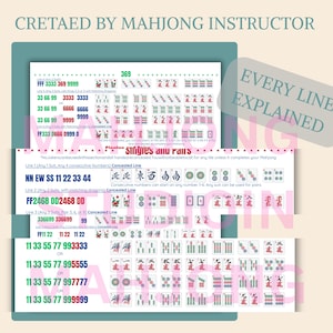 Op de afbeelding: Een gedetailleerde gids voor Mahjong, met diagrammen en uitleg. De afbeelding toont verschillende vellen met getallencombinaties en tegelarrangementen, met de tekst "EVERY LINE EXPLAINED". De gids is gemaakt door een Mahjong-instructeur.