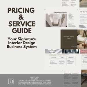 Puede incluir: Una guía digital titulada "Guía de precios y servicios" para empresas de diseño de interiores. La portada presenta texto en negrita y un diseño minimalista. La guía incluye una tabla de contenidos y secciones sobre flujo de trabajo y precios.