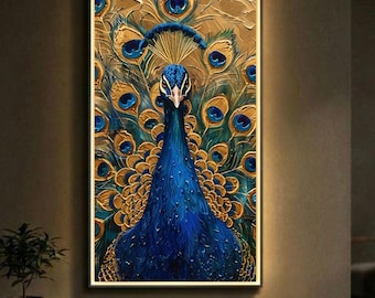 Gold Peacock Wall Art Printable | Luxury Bird Canvas Print | Blue Peacock Painting with Gold Leaf Texture | Maximalist Decor (Canvas Print)