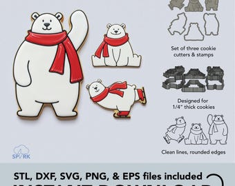 6PC Polar Bear Cookie Cutter and Stamp Set for 3D Printing