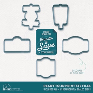 May include: A collection of four cookie cutter designs in a teal color, with various shapes including a rectangle, a rounded rectangle, and two other unique forms. The image includes the text "Bundle & Save" and "Decorate it your way!"
