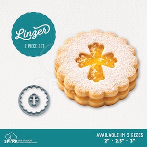 May include: A stack of Linzer cookies dusted with powdered sugar, with a cross-shaped cutout revealing a yellow filling. A teal circle with the text "Linzer 2 PIECE SET" is on the left. A cookie cutter with a cross design is also shown. Available in 3 sizes: 2", 2.5", 3".