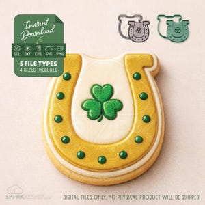 May include: A horseshoe-shaped cookie with a green shamrock in the center and green dots around the edge. The cookie is decorated with gold icing. The image also includes a green graphic with the text "Instant Download" and "5 FILE TYPES 4 SIZES INCLUDED".