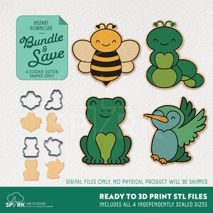 Peut inclure: Des motifs numériques de découpe de biscuits représentant une abeille, une chenille, une grenouille et un colibri. L'image comprend le texte "Bundle & Save" et "Ready to 3D Print STL Files". Les formes des découpoirs sont également présentées.