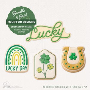 May include: Four St. Patrick's Day themed cookie designs: a rainbow with "Lucky Day" text, a shamrock, a horseshoe with a shamrock, and the word "Lucky". The image includes text that says "Bundle & Save!" and "Four Fun Designs".