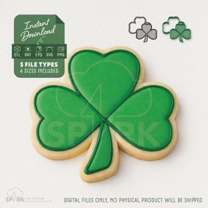 Puede incluir: Una galleta verde con forma de trébol con un borde claro, junto a dos contornos de trébol. La imagen incluye el texto "Descarga instantánea" y "5 tipos de archivo, 4 tamaños incluidos". La parte inferior de la imagen dice "SOLO ARCHIVOS DIGITALES, NO SE ENVIARÁ NINGÚN PRODUCTO FÍSICO".
